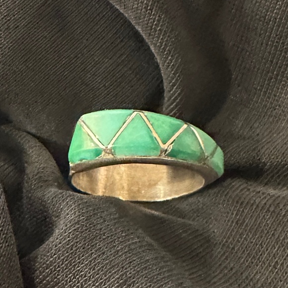 Vintage Zuni style inlay turquoise & sterling silver ring, size 7 - Picture 2 of 8